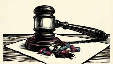Anavex Life Sciences facing a securities fraud lawsuit: a heavy gavel pins down and crushes pharmaceutical capsules on a flat surface.