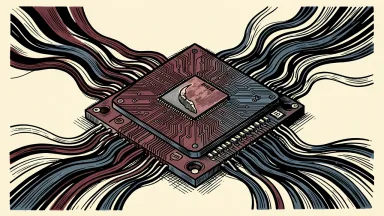 Intel GPU D-Series Crescent Island: a large computer chip at the center of a data flow that encircles a crescent-shaped landmass.