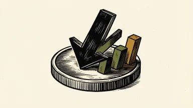 Stock market indexes decline as a large dark arrow points down through a coin disc beside three slanted bars.