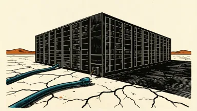 Oracle's New Mexico data center project stalled by power and permitting delays: a dark industrial building sits disconnected from a severed power cable.