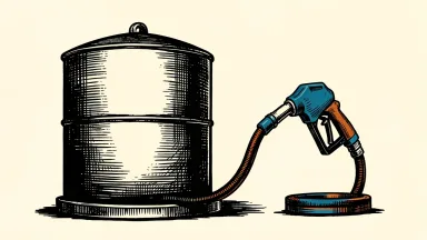 A diesel tank connected by a pipeline to a fuel pump nozzle, representing potential Russian diesel exports benefiting US consumers.