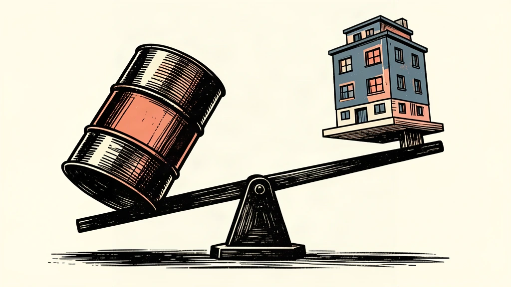 An editorial illustration showing a heavy oil barrel weighing down one side of a scale, lifting a small house high on the other side.