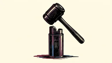 Liquidia shares plunge after a court ruling: a medical inhaler is split in half by a heavy gavel.