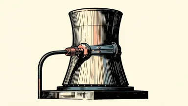Vistra nuclear power expansion: a large nuclear cooling tower being connected to a heavy industrial power cable to represent a capacity boost.
