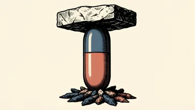 Genmab shares rise on positive Epkinly trial results: a large medical capsule lifts a heavy stone block while pinning down irregular dark shapes.