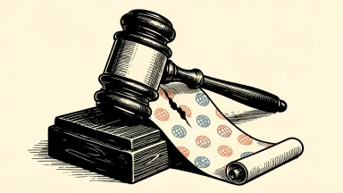 GoDaddy facing securities fraud lawsuit: a heavy gavel pins down a long scroll of domain icons, causing a tear in the paper.