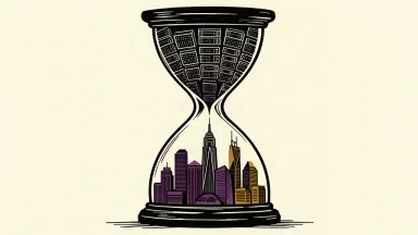 An editorial illustration showing server racks inside the top of an hourglass flowing down to form a modern Gulf city skyline in the bottom.