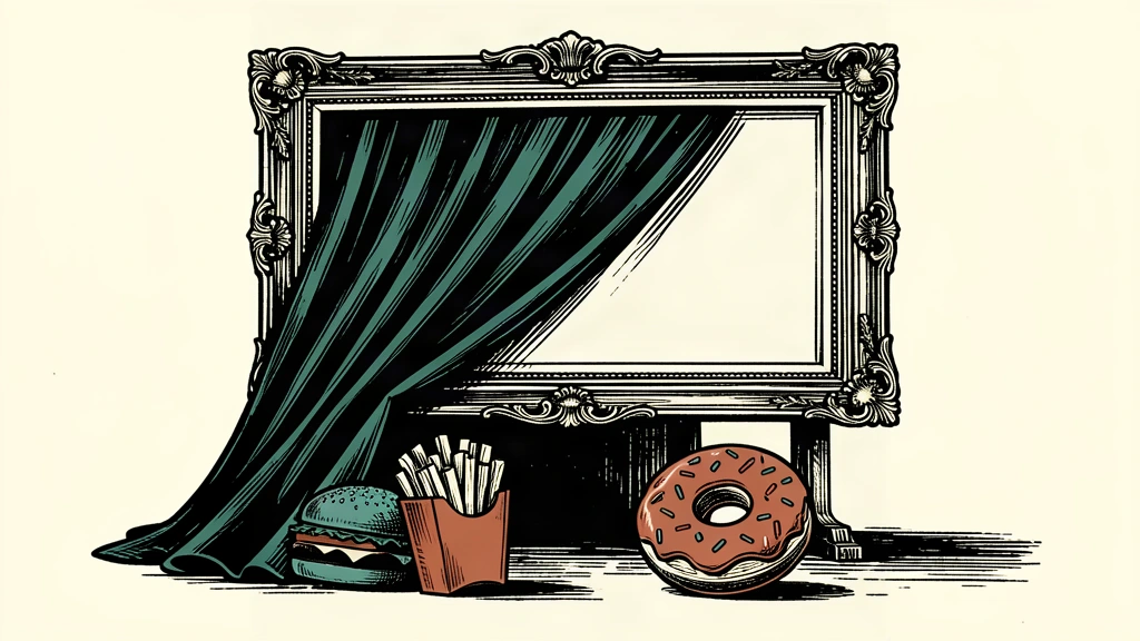 An editorial illustration showing a large billboard being covered by a dark curtain, while stylized fast food items are pushed into the shadows.