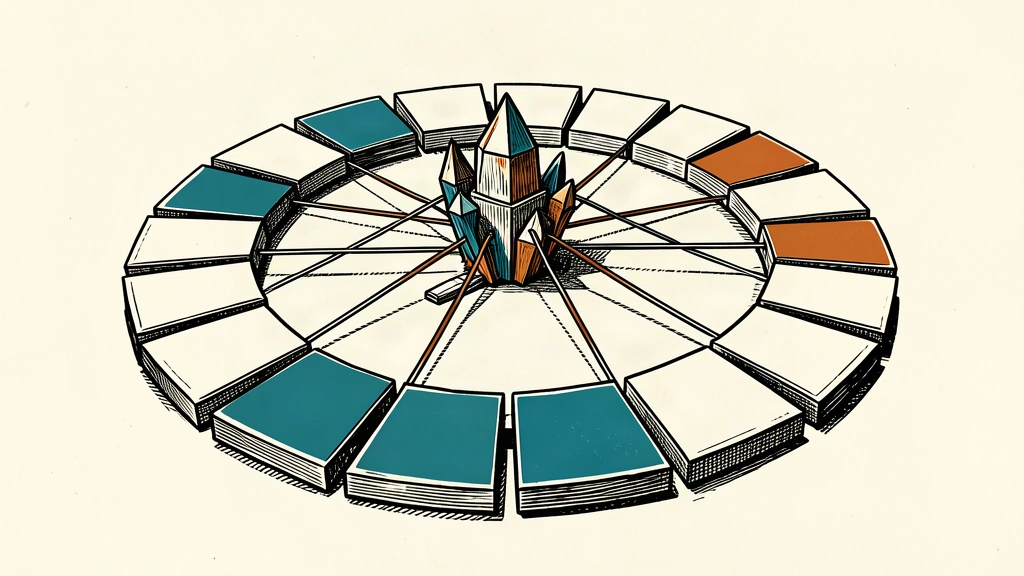 A high-angle view of a circular table where twenty-seven blank tiles surround a central crystalline object held by cables.
