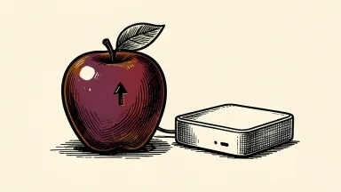 Apple stock price target raised; a red apple with an upward arrow beside a smart home hub.