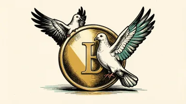 Goldman Sachs CEO optimism about potential Middle East war resolution shown as a dove on a golden coin.
