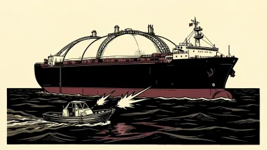 An LNG tanker at sea being approached by a small skiff that is firing shots, depicted in a carved-ink style.