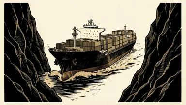 Intercontinental Exchange launches freight futures: a VLCC tanker and a container ship navigate a narrow rocky strait.