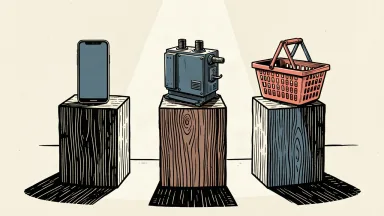 New CEOs at Apple, Berkshire, and Walmart: a smartphone, a power transformer, and a shopping basket on three separate podiums.