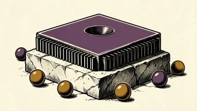 Nvidia's record weight in the MSCI ACWI: a massive computer chip component stands on a pedestal, towering over a group of small spheres representing national markets.
