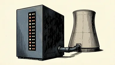 Oracle assuming Point Beach Energy expenses: a large server cabinet connected by a thick industrial cable to a nuclear cooling tower.