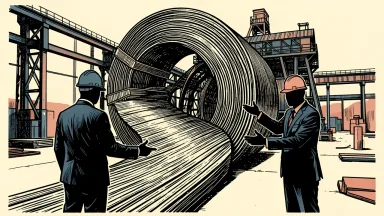 Cleveland-Cliffs GOES expansion: two silhouettes in hard hats stand before a massive steel coil that unwinds to form a path toward a large factory structure.