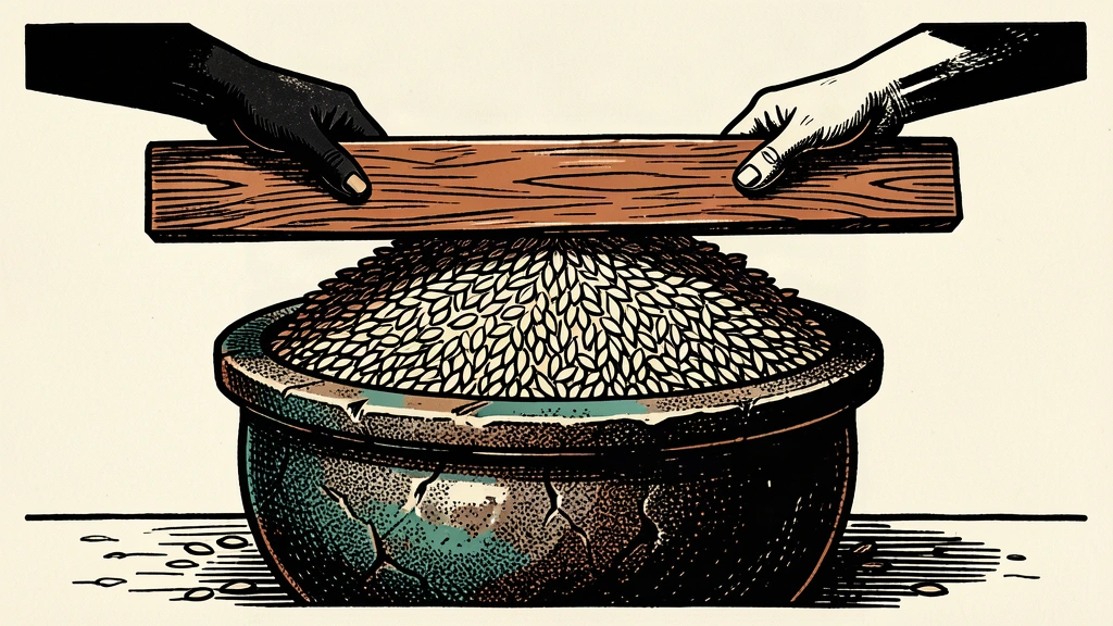 An editorial illustration showing a wooden board leveling a mound of grain to the rim of a stone bowl, representing the easing of inflation toward a target.