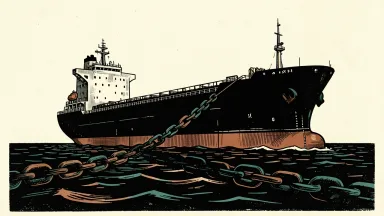 A global energy crisis warning: a large oil tanker is blocked by a heavy, taut chain stretched across its path on a dark sea.