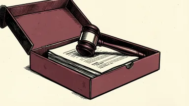 Papa John's facing a class action lawsuit: a stack of legal papers and a wooden gavel are tucked inside a partially open pizza delivery box.