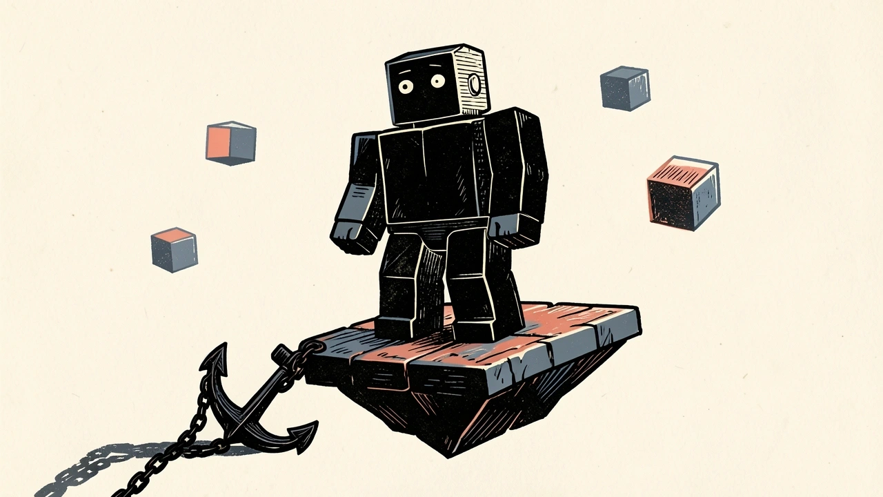 Roblox downgraded by Jefferies: a blocky character on a tilting platform being pulled down by a heavy anchor.