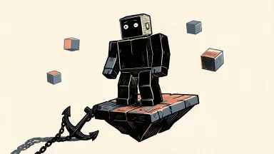 Roblox downgraded by Jefferies: a blocky character on a tilting platform being pulled down by a heavy anchor.