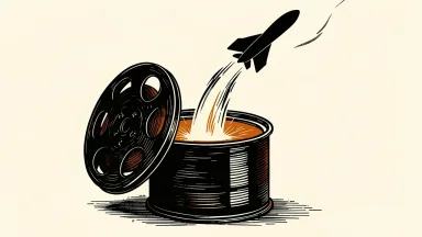 Warner Bros. Discovery and Skydance merger: a sleek aircraft silhouette rises from an open film reel canister.