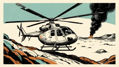A Saudi AH-6I helicopter rests damaged on a rocky desert slope following a reported technical failure near the Yemen border.
