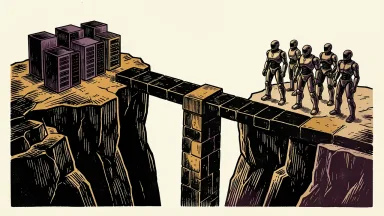 EPAM bridging the enterprise intelligence gap: a solid stone-like bridge connects a cluster of server racks to a group of autonomous robotic silhouettes.