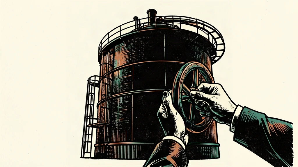 An illustration of a large industrial energy storage tank with hands on a valve, representing the deliberation over releasing reserves.