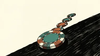A heavy betting chip sits at the base of a steep incline, marking a new low point in a series of descending steps.
