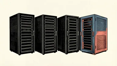 A row of four server cabinets where the final unit is visually distinct, representing the addition of a fourth cloud region.