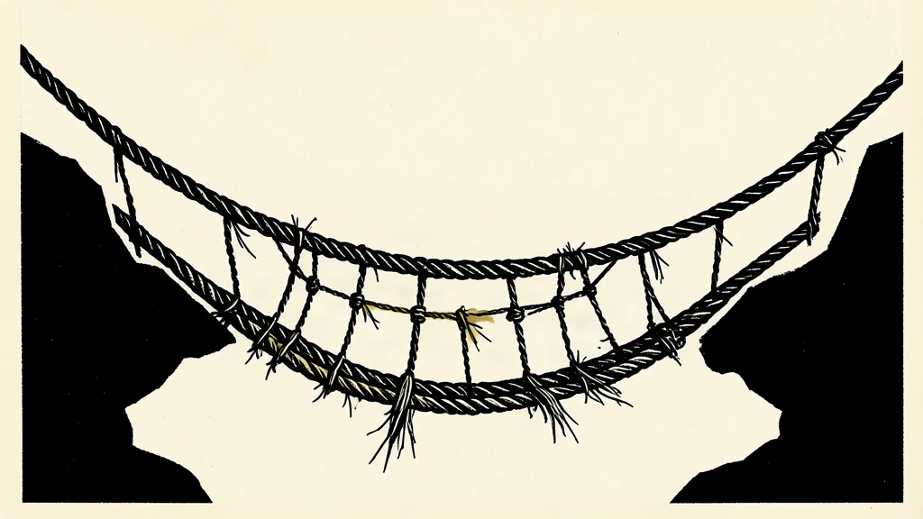 A linocut illustration of a rope bridge with fraying strands sagging over a void, representing high financial risk.