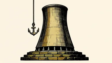Standard Nuclear price target set by Needham: a large nuclear cooling tower with a heavy iron anchor hanging from its rim.