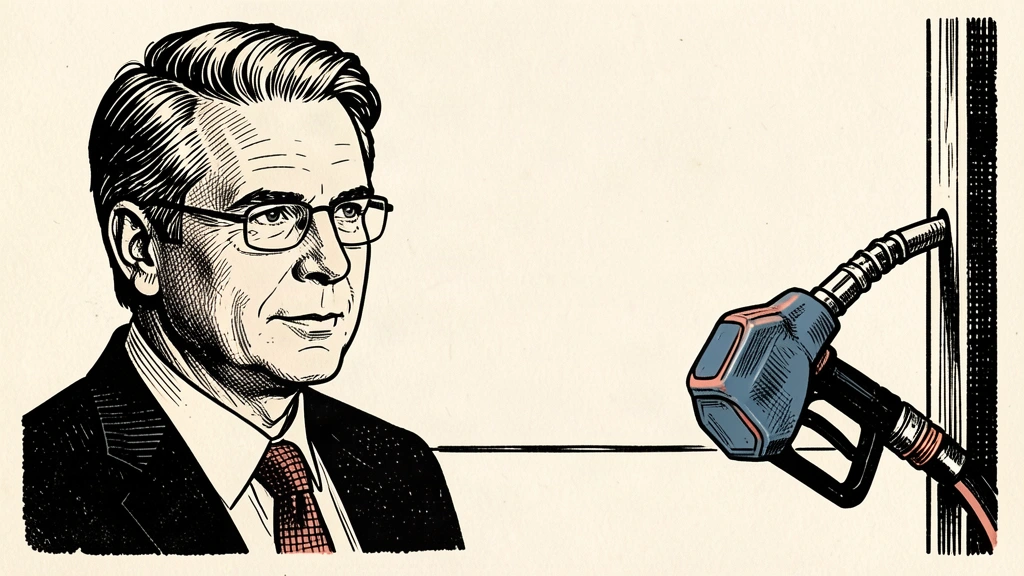 An editorial illustration of Scott Bessent next to a gas pump nozzle that sits below a previous level line. Identity photo references adapted into illustration: United States Department of the Treasury (Public domain; https://commons.wikimedia.org/wiki/File:Official_portrait_of_Treasury_Secretary_Scott_Bessent.jpg); source https://commons.wikimedia.org/wiki/File:Official_portrait_of_Treasury_Secretary_Scott_Bessent.jpg