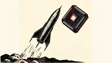 SpaceX and Nvidia stocks rising: a vertical rocket and a microchip ascend together in parallel against a clean background.