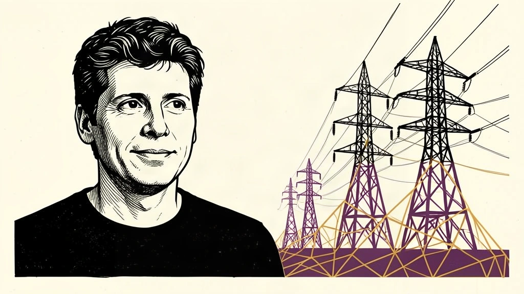 An editorial illustration showing Sam Altman looking toward a series of electrical grid towers that are being reinforced by a geometric mesh. Identity photo references adapted into illustration: Steve Jurvetson (CC BY 2.0; https://creativecommons.org/licenses/by/2.0); source https://commons.wikimedia.org/wiki/File:Sam_Altman_speaking_at_TED_(cropped).jpg