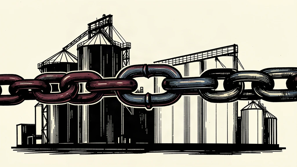 An editorial illustration showing a heavy chain with one open link positioned in front of industrial energy storage tanks, representing the potential lifting of sanctions.