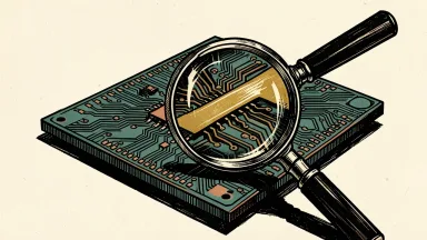 Semiconductor stocks divergence: a magnifying glass focuses on a high-quality circuit path on a large chip while the rest remains in shadow.