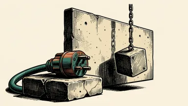 PowerCompute avoids new power capacity charges: a thick industrial power cable rests on a plinth, protected from a falling heavy block by a solid barrier.