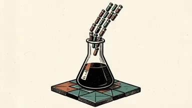 Veeva Systems software supporting biotech growth: a large laboratory flask on a tiled cloud base with a line of vials rising quickly from it.