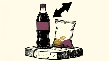 PepsiCo snacks and soda on a pedestal with an upward arrow for revenue and a downward arrow for share price.
