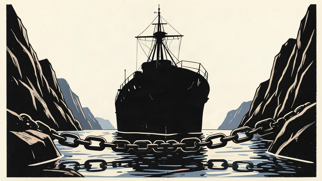 An editorial illustration showing a naval ship behind a heavy chain barrier in a narrow strait.