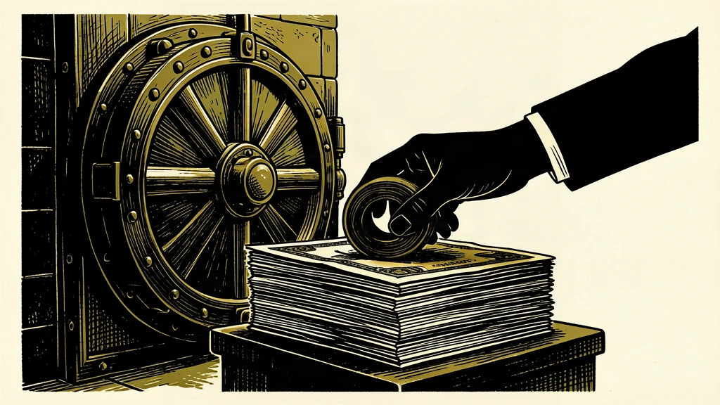 An editorial illustration showing a hand placing a weight on a stack of bonds near an open vault, representing a central bank bond sale.