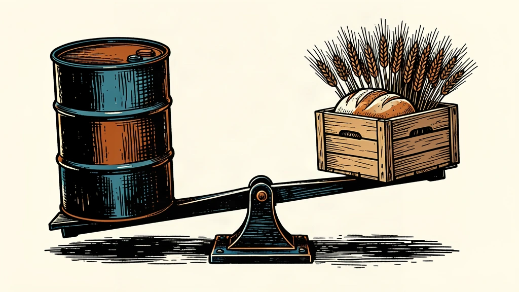 An editorial illustration showing a heavy oil drum on a scale tipping the balance against a crate of wheat and bread, representing the impact of energy costs on food prices.