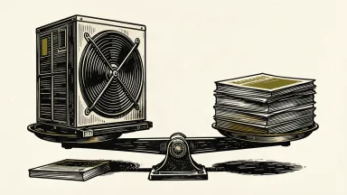 Trane Technologies given an Overweight rating by Wells Fargo: an industrial HVAC unit outweighs a stack of analyst reports on a heavy balance scale.