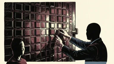 VEON and Square Group's digital bank license: hands sliding a square tile into a vault door to complete a grid.