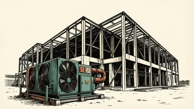 Digital Realty begins construction of the KIX15 data center in Osaka: a large industrial facility frame with a prominent cooling unit in the foreground.
