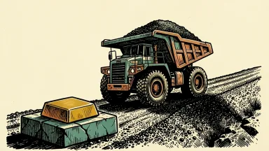 B2Gold Goose Mine production outlook: a heavy haul truck carrying ore climbs a rising path toward a large gold bar on a pedestal.