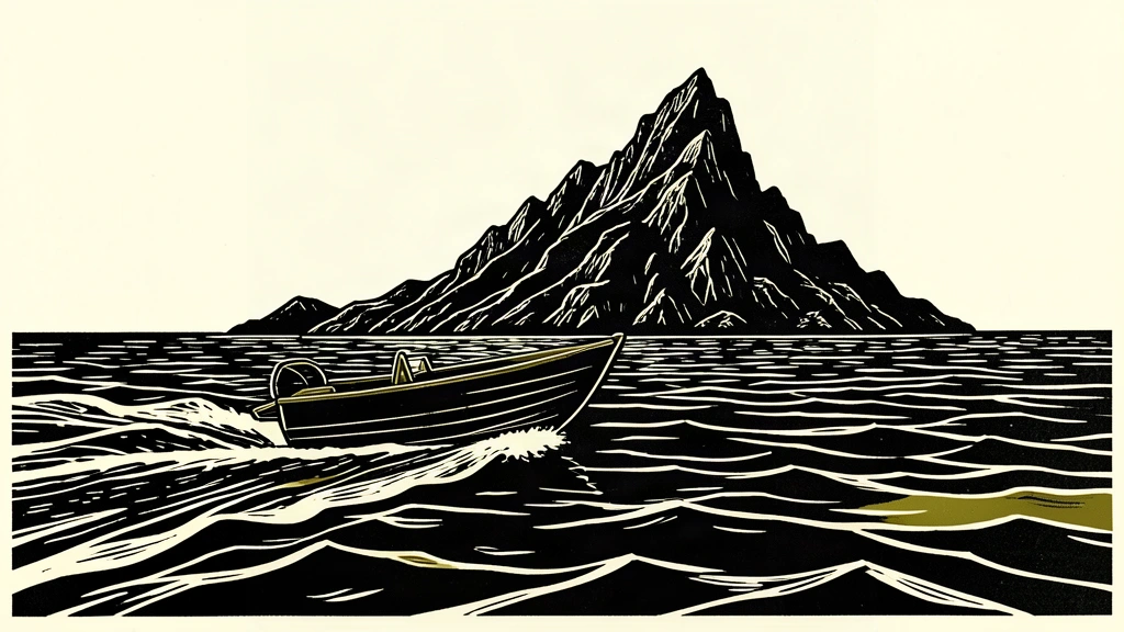 An editorial illustration showing a dark boat approaching a rocky island in the Red Sea, symbolizing the reported Houthi arrival at the Hanish islands.